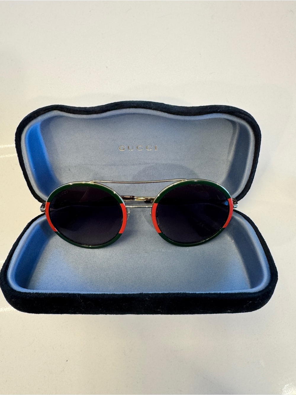 Gucci Men’s Round Sunglasses in Green and Red Accents